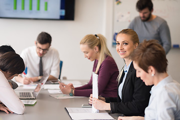 Image showing young business people group on team meeting at modern office