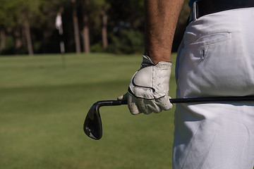 Image showing golf player close up hand and driver from back