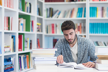 Image showing portrait of student while reading book  in school library