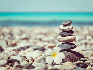 Image showing Zen balanced stones stack with plumeria flower