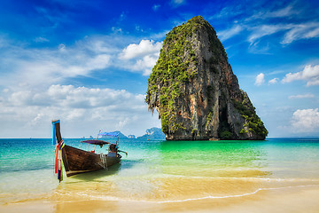 Image showing Long tail boat on beach, Thailand