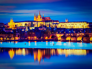 Image showing View of Charles Bridge and Prague Castle in twilight