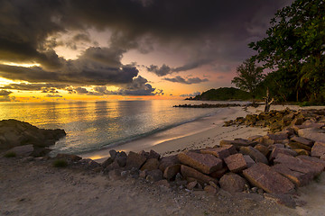 Image showing Anse Kerlan beach at the sunset