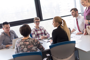 Image showing young business people group on meeting at modern office