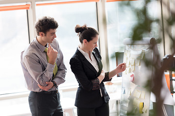 Image showing young couple working on flip board at office