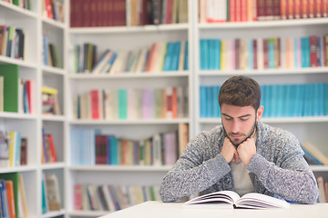 Image showing portrait of student while reading book  in school library