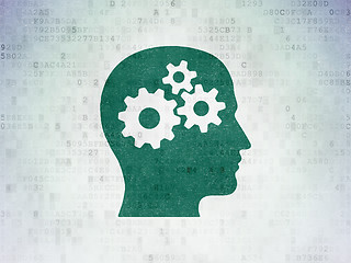 Image showing Finance concept: Head With Gears on Digital Data Paper background