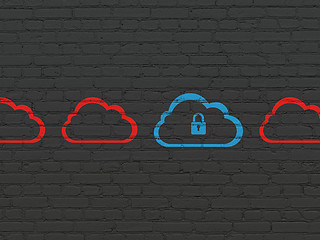 Image showing Cloud networking concept: cloud with padlock icon on wall backgr