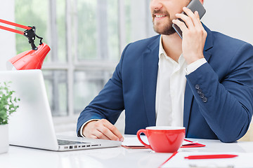 Image showing Portrait of businessman talking on phone in office