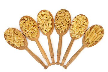 Image showing Pasta Dried Food in Oak Wood Spoons