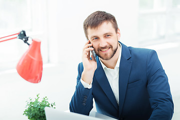 Image showing Portrait of businessman talking on phone in office