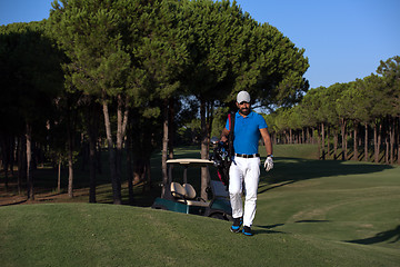 Image showing golfer  walking and carrying golf  bag