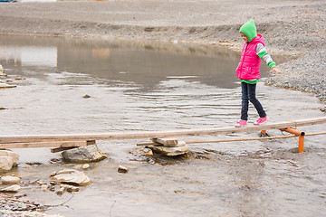 Image showing Little girl cautiously goes on the board across the pond