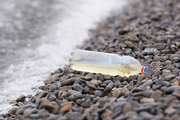 Image showing Plastic bottle lying on the pebbly seashore