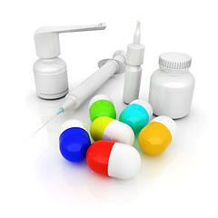 Image showing Syringe, tablet, pill jar. 3D illustration