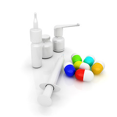 Image showing Syringe, tablet, pill jar. 3D illustration