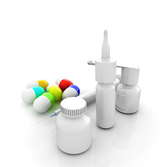 Image showing Syringe, tablet, pill jar. 3D illustration