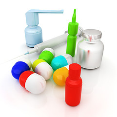 Image showing Syringe, tablet, pill jar. 3D illustration