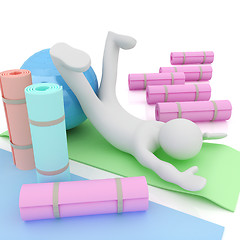 Image showing 3d man on a karemat with fitness ball. 3D illustration