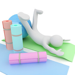 Image showing 3d man on a karemat with fitness ball. 3D illustration