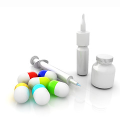 Image showing Syringe, tablet, pill jar. 3D illustration