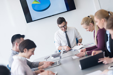 Image showing young business people group on team meeting at modern office