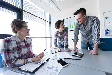 Image showing young business people group on meeting at modern office