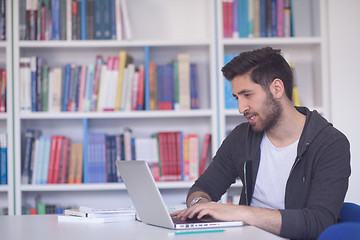 Image showing student in school library using laptop for research