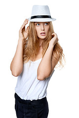 Image showing Beautiful slytish woman posing in fedora hat