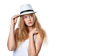 Image showing Beautiful slytish woman posing in fedora hat