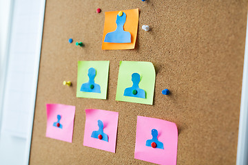 Image showing close up of paper human shapes on cork board