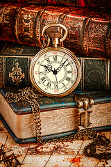 Image showing Old Books and Vintage pocket watch