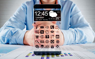 Image showing Smartphone with transparent screen in human hands.