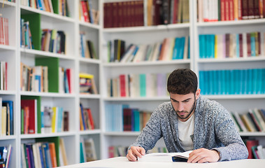 Image showing portrait of student while reading book  in school library