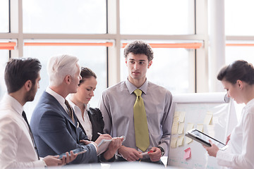 Image showing young startup businessman making presentation to senior investio