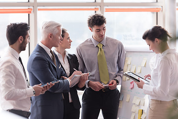 Image showing young startup businessman making presentation to senior investio