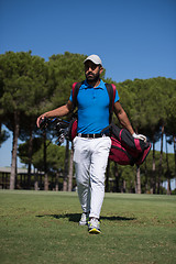 Image showing golf player walking and carrying bag