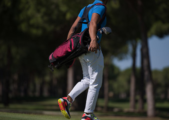 Image showing golf player walking and carrying bag