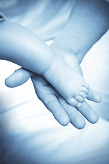 Image showing Baby foot and adult hand