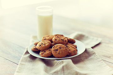 Image showing close up of chocolate oatmeal cookies and milk