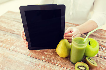 Image showing close up of woman hands tablet pc and fruit juice