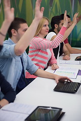 Image showing students group raise hands up