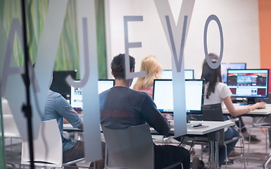 Image showing technology students group working  in computer lab school  class