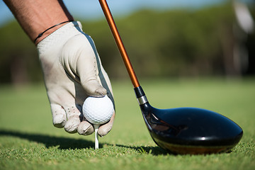 Image showing golf player placing ball on tee