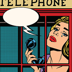 Image showing girl crying in the red telephone booth retro