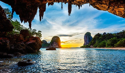 Image showing Sunset on Pranang beach. Railay , Krabi Province Thailand