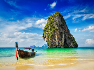 Image showing Long tail boat on beach, Thailand