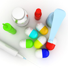 Image showing Syringe, tablet, pill jar. 3D illustration