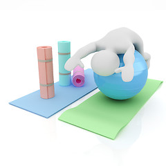 Image showing 3d man on a karemat with fitness ball. 3D illustration