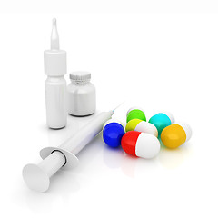 Image showing Syringe, tablet, pill jar. 3D illustration